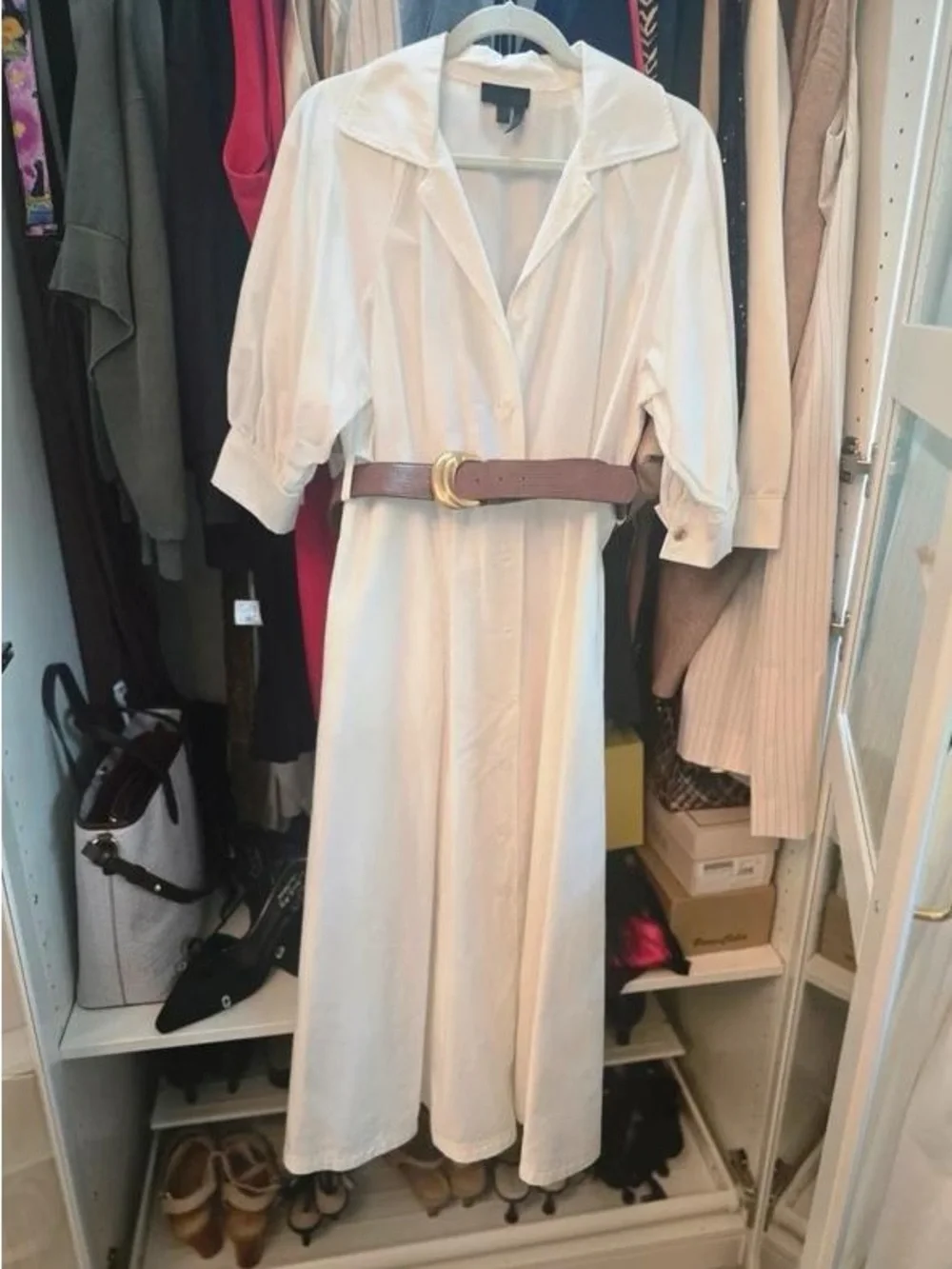 Cream Maxi Shirt Dress with Wide Brown Belt